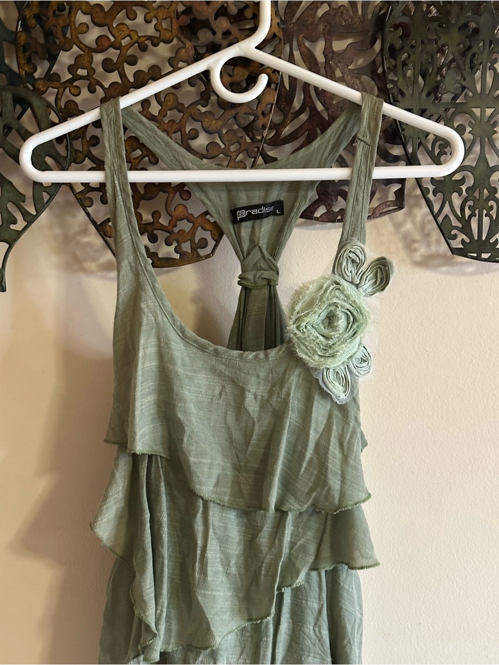 Sage Green Ruffled Dress with Rosette Accent
